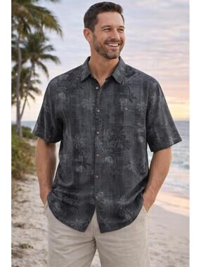 Campia Hawaiian Aloha Button Front Rayon Shirt Palm Tree Black Gray NWT XL